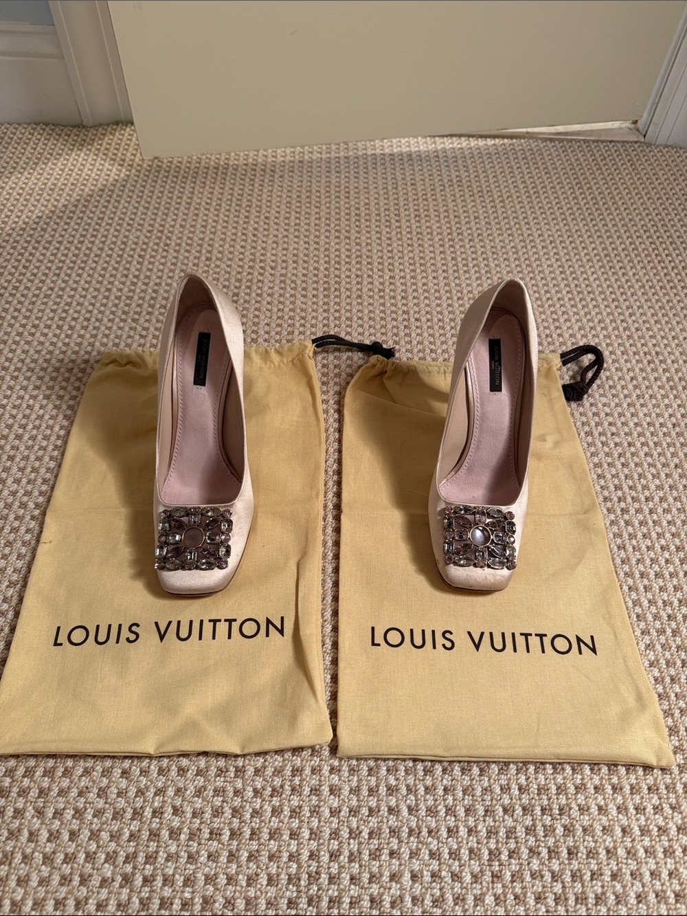 Louis Vuitton Satin Crystal Embellished Square Toe Heels